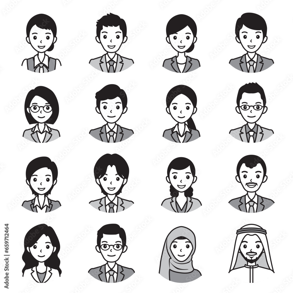 顔のアイコン. 様々な人物の顔のイラスト.