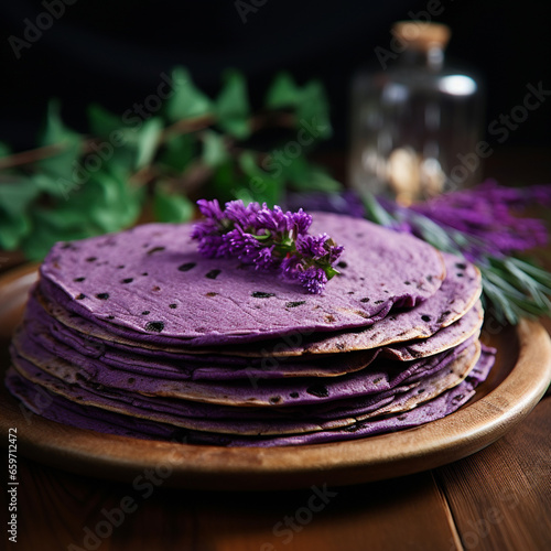 stack of purple pancakes done with ube fruit on a plate over black background