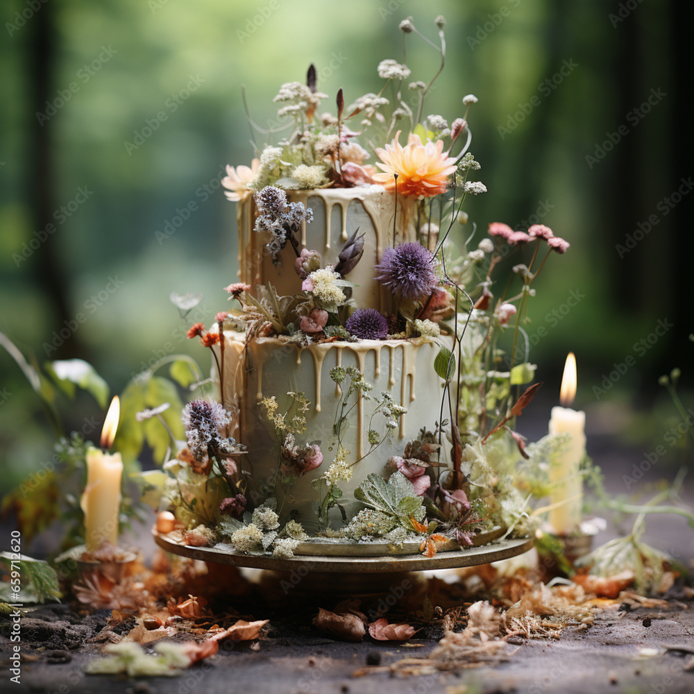 green wedding cake with flowers