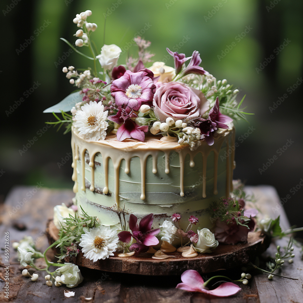 green wedding cake with flowers