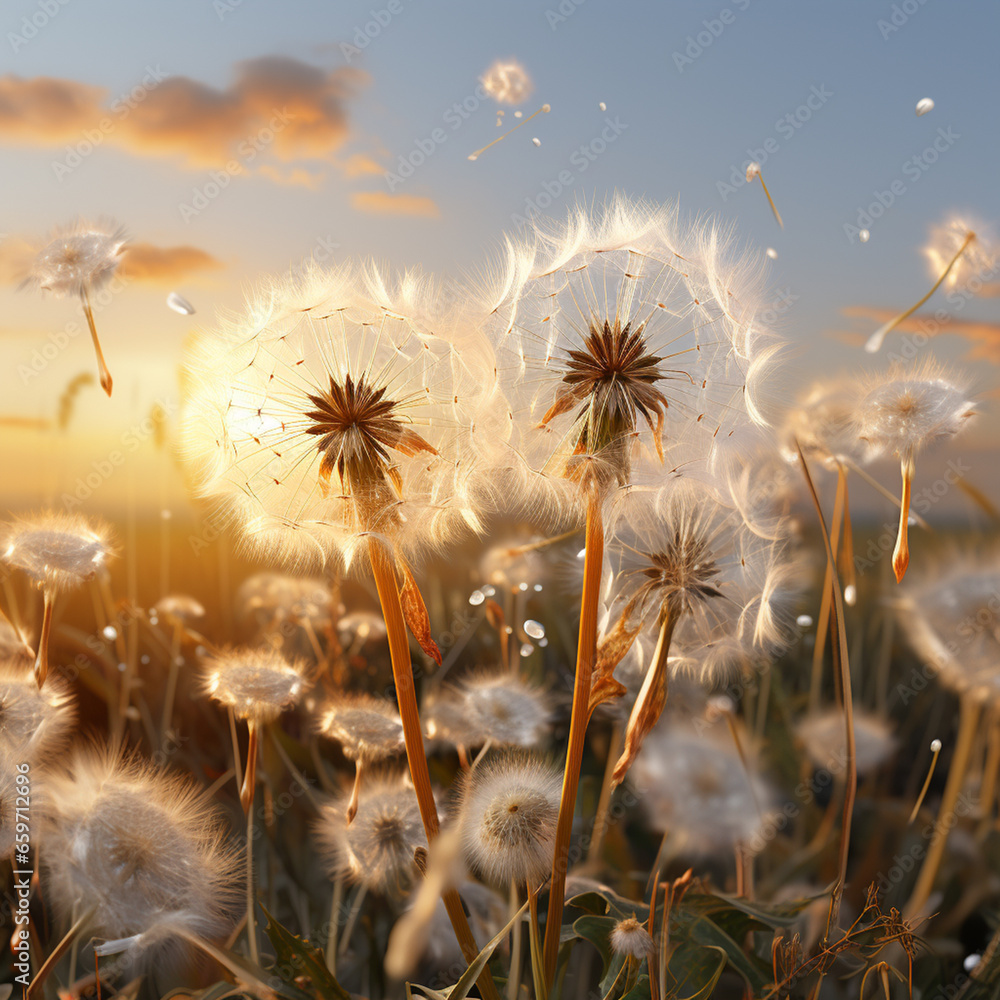 Bug view perspective of a field of Taraxacum officinale, the common dandelion in the wind at sunset