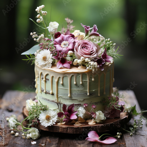 Obraz na płótnie green wedding cake with flowers w salonie