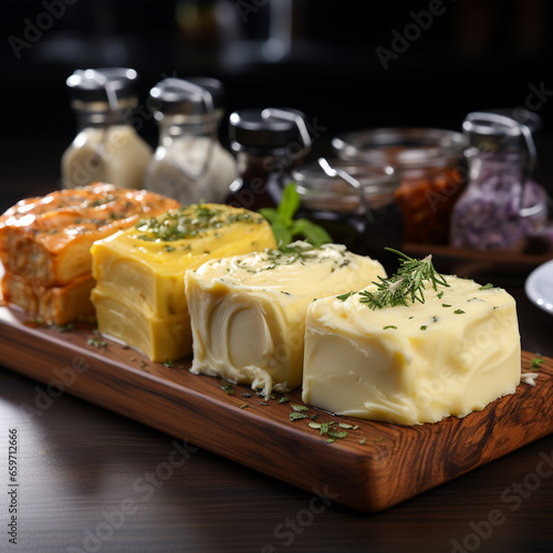 Butter board with spices and oils, party buffet set-up, photorealistic, black background