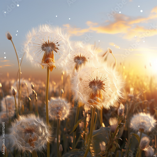 Bug view perspective of a field of Taraxacum officinale, the common dandelion in the wind at sunset