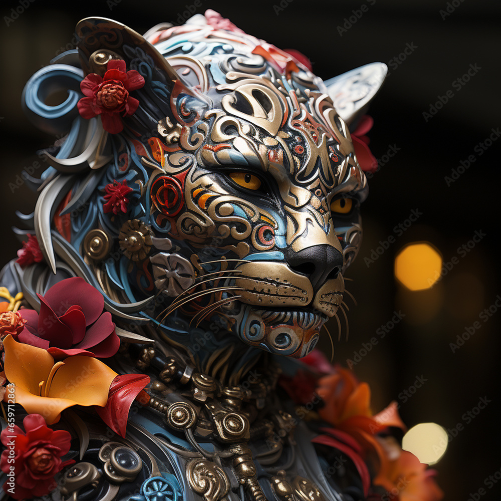tiger mask, with ethnic symbols, over dark background 