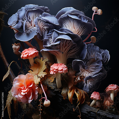 Fantasy autumn harvest with mushrooms on dark backgroundbotanical, biodiversity, freshness, delicious, leaves, moss, tasty, health, vegan, macro, plant, wood, boletus, cooking, rustic, fungi, harvest,
