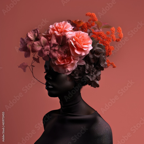 Black womans face covered by a bouquet of flowers — Collage style editorial illustration © dreamalittledream
