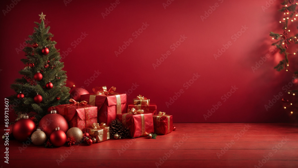 Christmas over red background. Backdrop with copy space