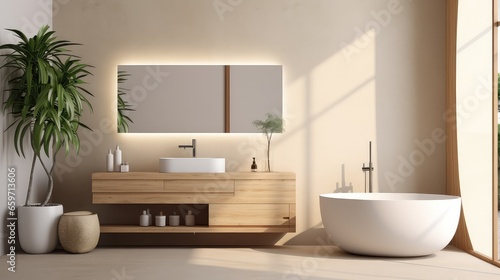 Stylish interior of modern luxury white bathroom  Decorated with wooden sink counter sunlight shine into the room.