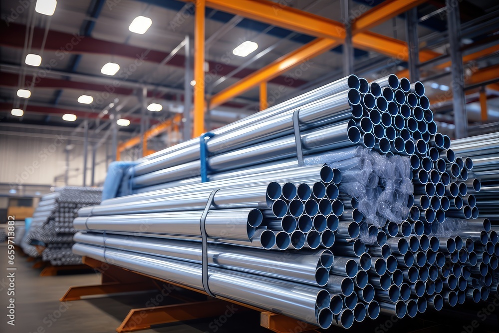 High quality steel pipe or aluminum in stack waiting for shipment in warehouse, Steel industry. - obrazy, fototapety, plakaty 