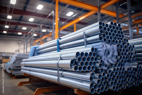 Foto High quality steel pipe or aluminum in stack waiting for shipment in warehouse, Steel industry