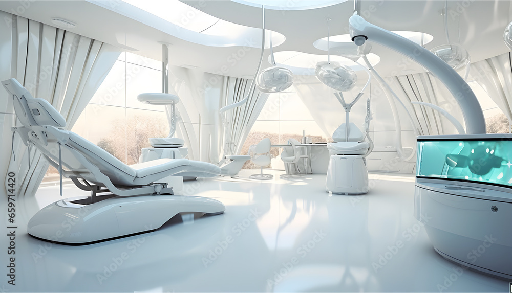 Futuristic dental clinic room at modern hospital.