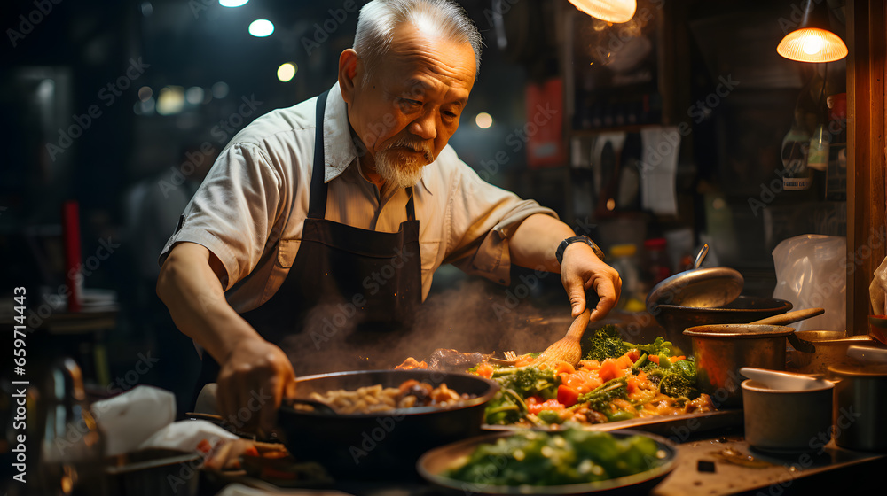 Asian male chef cooking food in a small restaurant in downtown area. - obrazy, fototapety, plakaty 