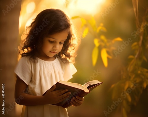 Little girl reading holy bible book in the garden.