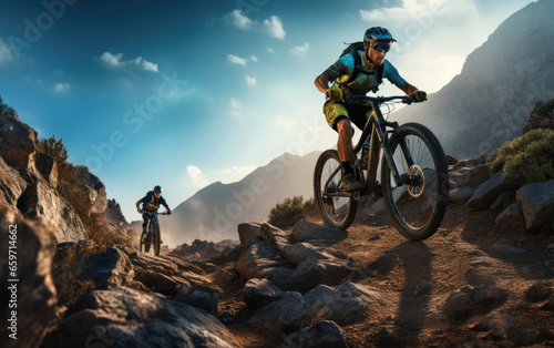 Cyclists riding a mountain electric bicycle steep uphill in harsh rocky terrain at a partly cloudy sunny sky © piai