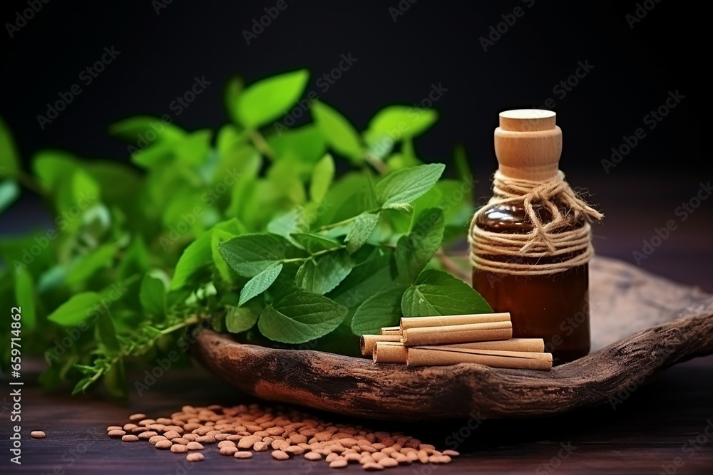 Chandan or Sandalwood Powder with Sticks, Traditional Mortar, Perfume or Oil in Miniature Bottle, and Green Leaves - Selective Focus - Created with Generative AI Tools Chandan or Sandalwood Powder with Sticks, Traditional Mortar, Perfume or Oil in Miniature Bottle, and Green Leaves - Selective Focus - Created with Generative AI Tools