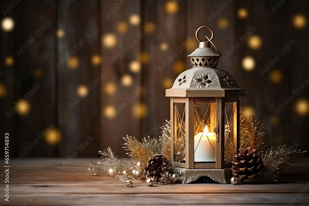 Christmas Lantern On Snow With Fir Branch In Evening Scene - Created with Generative AI Tools Christmas Lantern On Snow With Fir Branch In Evening Scene - Created with Generative AI Tools