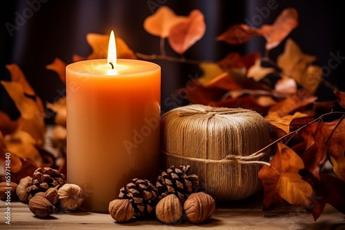 Autumnal Candle Decorations with Dried Leaves  Pumpkins  Chanterelle Mushrooms  Pine Cones - Created with Generative AI Tools