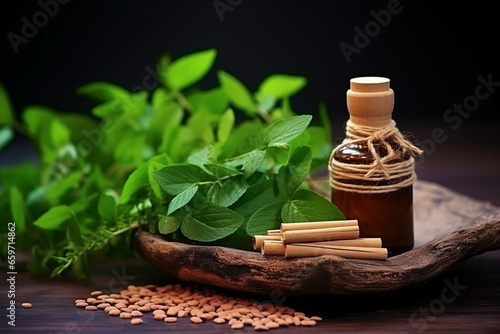 Chandan or Sandalwood Powder with Sticks, Traditional Mortar, Perfume or Oil in Miniature Bottle, and Green Leaves - Selective Focus - Created with Generative AI Tools