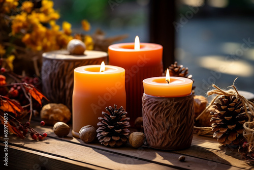 Autumnal Candle Decorations with Dried Leaves, Pumpkins, Chanterelle Mushrooms, Pine Cones - Created with Generative AI Tools