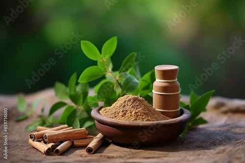Chandan or Sandalwood Powder with Sticks, Traditional Mortar, Perfume or Oil in Miniature Bottle, and Green Leaves - Selective Focus - Created with Generative AI Tools