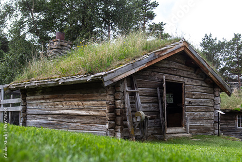 Traditional wooden houses with roof covered with grass and plants in Norway  Scandinavia