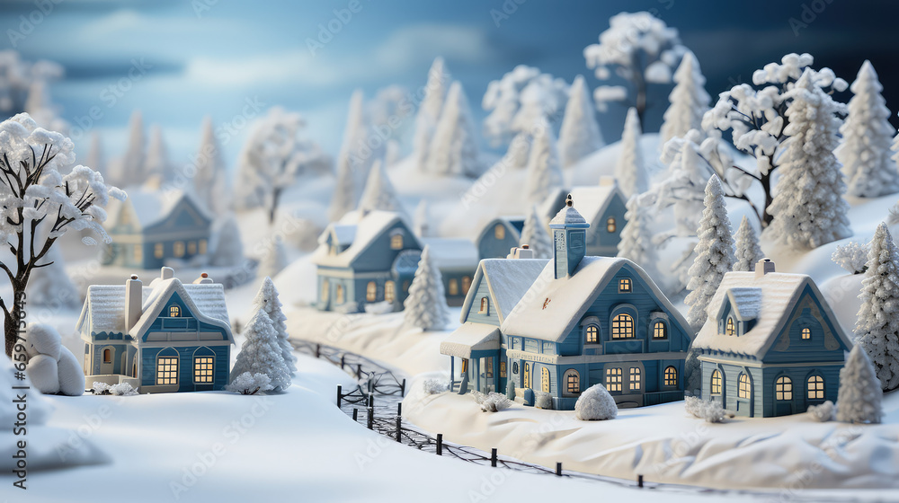Cute Christmas composition with snowfall on small miniature toy Christmas village. New Year greetings card template. 