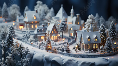 Cute Christmas composition with snowfall on small miniature toy Christmas village. New Year greetings card template.  © SnowElf