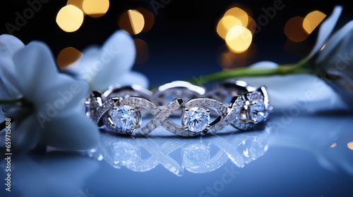 Close-up of elegant gemstone ring jewelry. Commercial photo of engagement ring, advertising banner of jewelry store. 