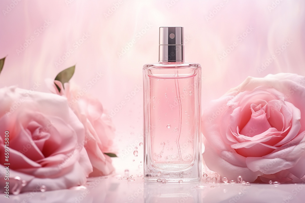 Glass Perfume Bottle in Rose Water Background - Floral Arrangement with Splash of Water - Created with Generative AI Tools Glass Perfume Bottle in Rose Water Background - Floral Arrangement with Splash of Water - Created with Generative AI Tools