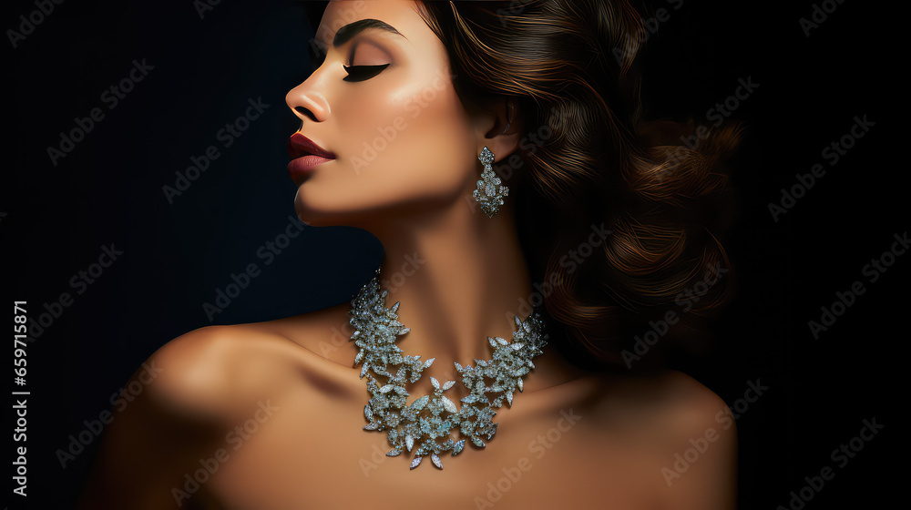 Portrait of a young beautiful woman wearing elegant silver jewelry - earrings and necklace. Luxury jewelry set on model.  - obrazy, fototapety, plakaty 