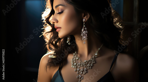 Portrait of a young beautiful woman wearing elegant silver jewelry - earrings and necklace. Luxury jewelry set on model.  photo