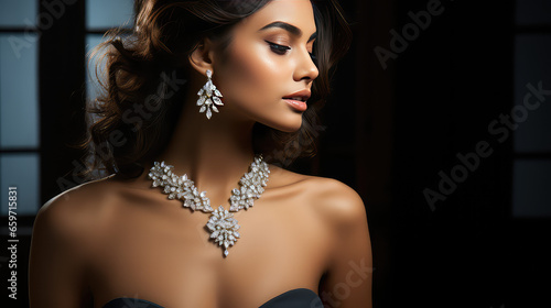 Portrait of a young beautiful woman wearing elegant silver jewelry - earrings and necklace. Luxury jewelry set on model. 
