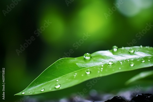 Macro Shot of Water Drop over Green Grass Leaf - Relaxation with Water Ripple Drops Concept - Created with Generative AI Tools