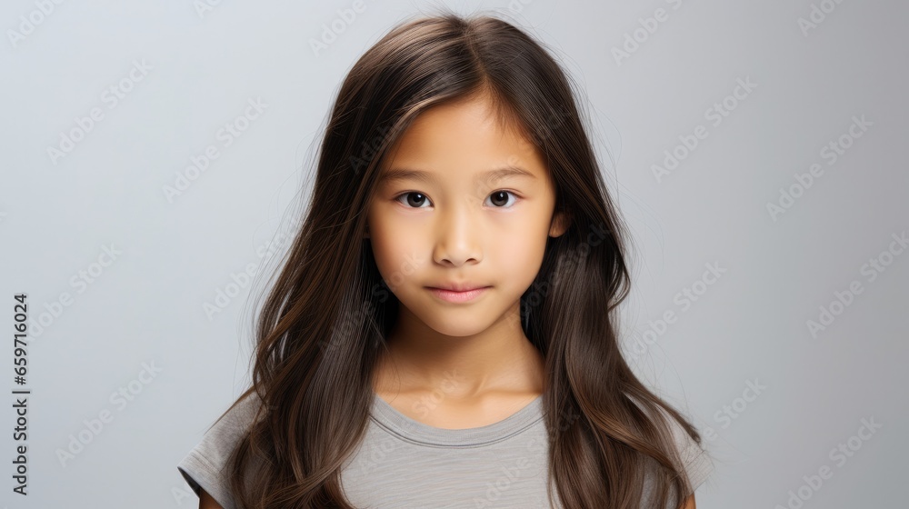 photo portrait of a beautiful young asian American model teen girl looking forward. child ad with copy space, cute, kids, children, beauty, pretty