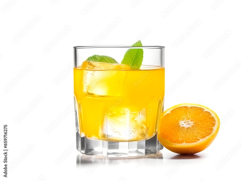 Glass of orange juice with slice of orange isolated on white background. Glass of orange juice with slice of orange isolated on white background.