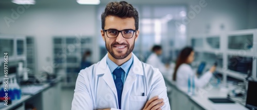 Smiling young male scientist wearing white coat and glasses in modern Medical Science Laboratory with Team of Specialists on background