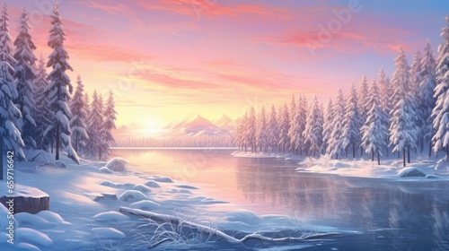 sunrise over the river with snowy mountains