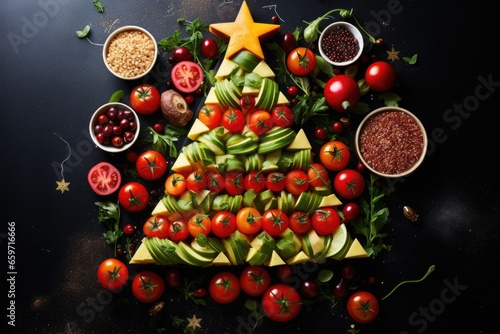 Christmas tree of snacks. Food, salads in the shape of a Christmas tree. New Year's concept.