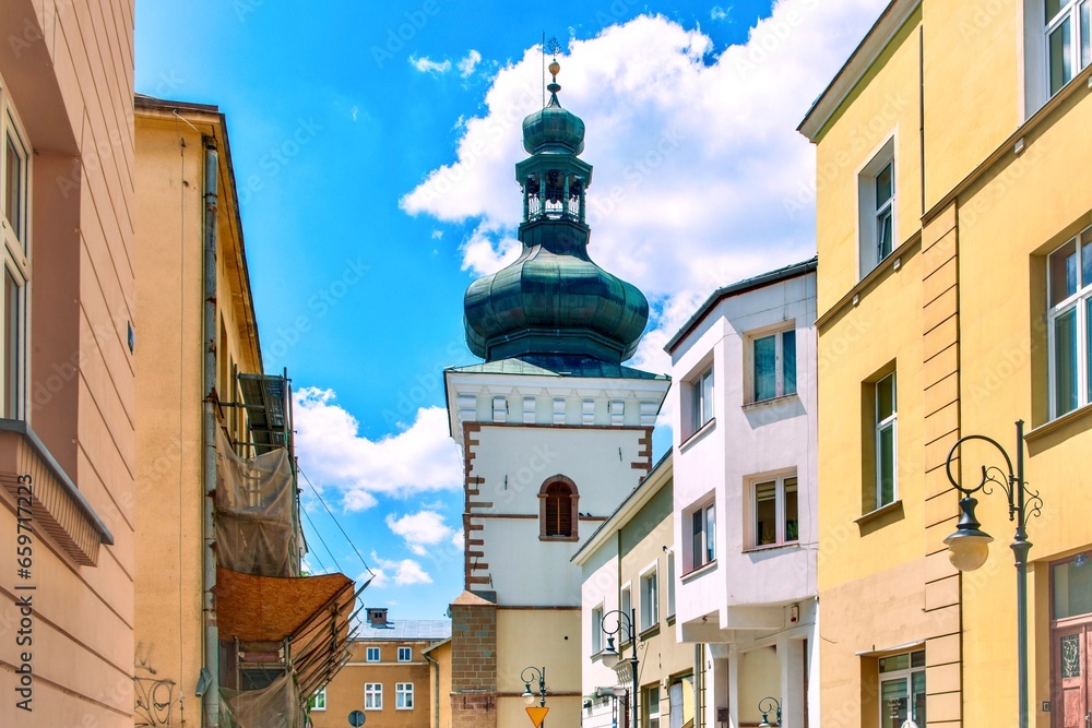 View of the bell tower of the Holy Trinity Church in Krosno, Poland.