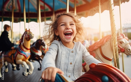 A happy child girl expressing excitement while having fun on a merry-go-round colorful carousel at an amusement park