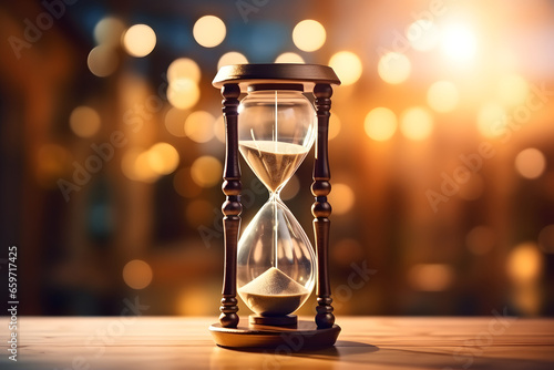 Hourglass on a wooden surface. Blurry bokeh background photo