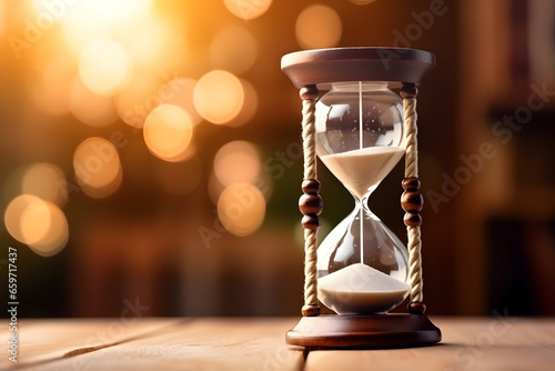 Hourglass on a wooden table with bokeh background in a blurry library full of books