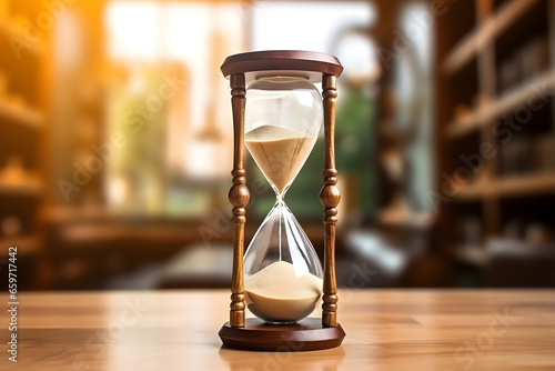 Hourglass on a wooden table with bokeh background in a blurry library full of books