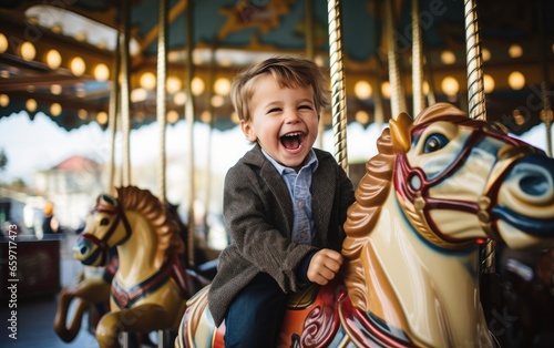 A happy child boy expressing excitement while having fun on a merry-go-round colorful carousel at an amusement park