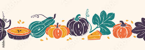 Vector Thanksgiving Day Seamless Border. Tape of Autumn Harvest Symbols. Pumpkin Pie, Leaves and Different Varieties of Pumpkins. Healthy Food. Bakery and Vegetables illustration.