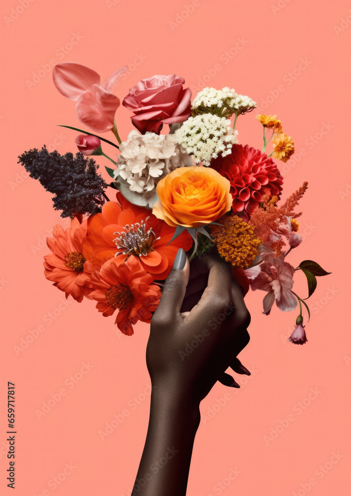 Collage of a black African American woman's hand holding a beautiful bunch of bespoke flowers, in a collage style photobash mockup - pink peachy floral colors and lots of details