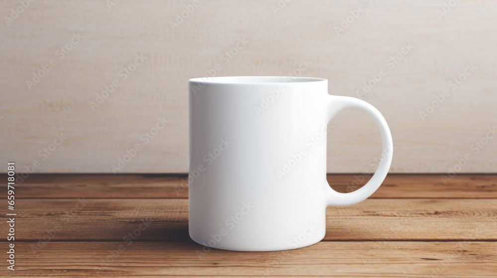Blank white mug mockup on wooden table, Empty cup template. Generative AI Blank white mug mockup on wooden table, Empty cup template. Generative AI