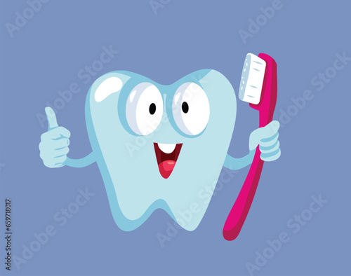 Happy Tooth Mascot Holding a Toothbrush Vector Cartoon illustration. Cheerful healthy molar having no cavities due to proper hygiene