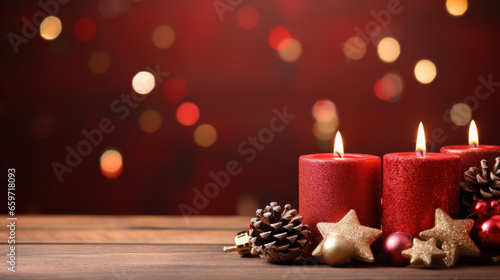 Romantic Red and Gold Christmas candles and ornament decorations background  Copy space  Festive celebration. Generative AI